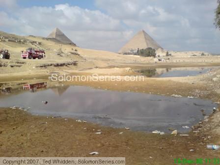 Longstanding water on the southeast side of the pyramid plateau.  In very close proximity to the Sphinx.  This water stands here year round.  Very nea